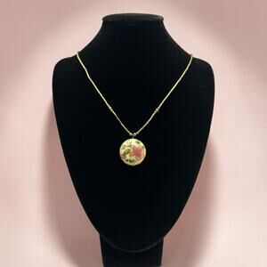 1970s Vintage Chinese Cloisonne Brass Peony Floral Pendant Necklace 18”